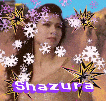 a woman is surrounded by snowflakes and stars and the name shazura is on the bottom