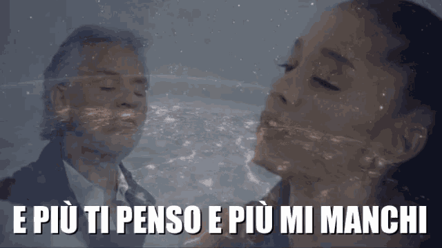 a man and a woman are standing next to each other with the words e più ti penso e più mi manchi below them