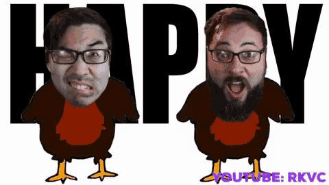 two men with glasses and a beard are standing next to the words happy