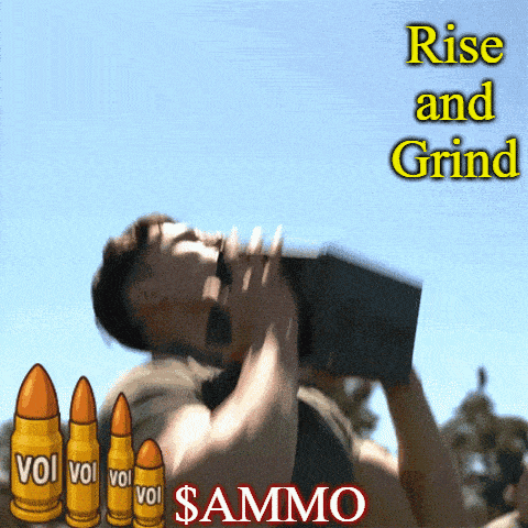 a man is drinking from a bottle with the words rise and grind written above him