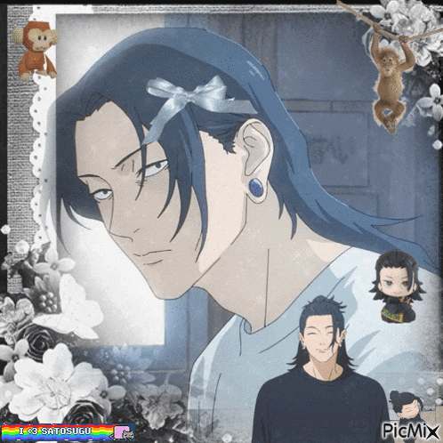 a picture of a man with a bow in his hair has a picmix watermark at the bottom