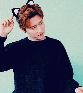 a young man wearing a black sweater has cat ears on his head