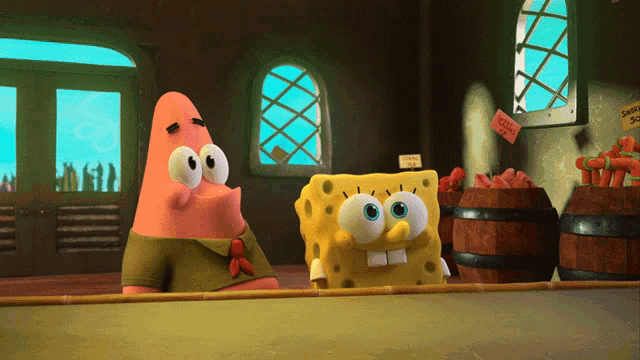 spongebob and patrick are standing in front of barrels of carrots for sale