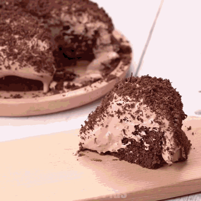 a piece of chocolate cake on a cutting board next to a cake
