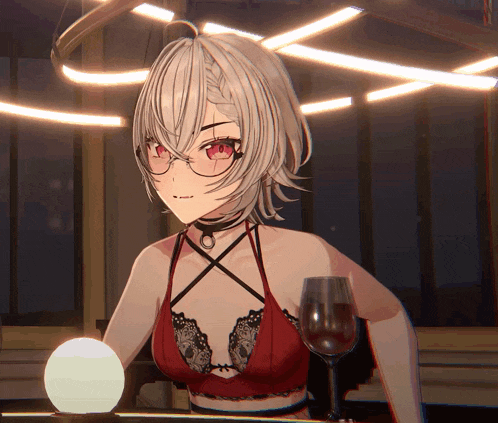 a girl in a red bra is holding a wine glass