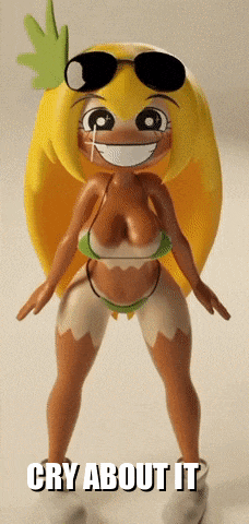 a cartoon character wearing sunglasses and a bikini with the words cry about it below her