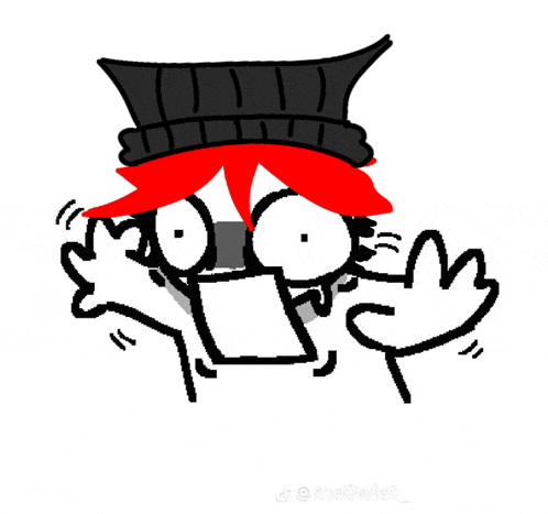 a black and white drawing of a person with red hair and a top hat