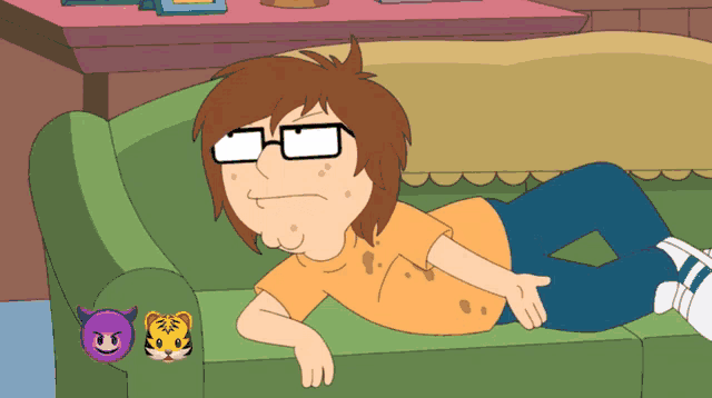 a cartoon character is laying on a couch with a purple cat and a yellow tiger
