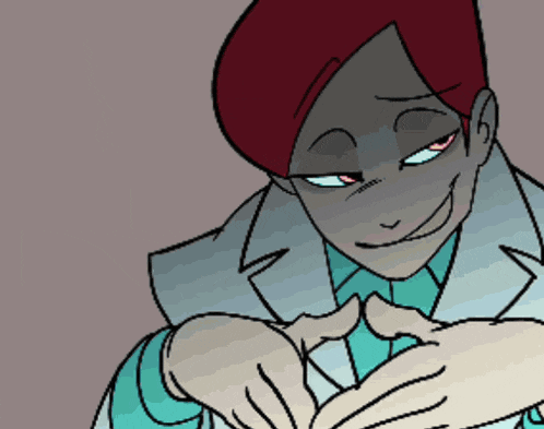 a cartoon drawing of a man with red hair making a heart shape with his hands