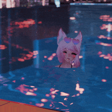 a girl with pink hair and heart shaped sunglasses is floating in a pool
