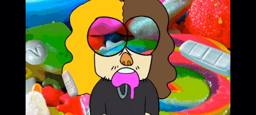 a cartoon character is wearing sunglasses and has a pink bubble in his mouth .