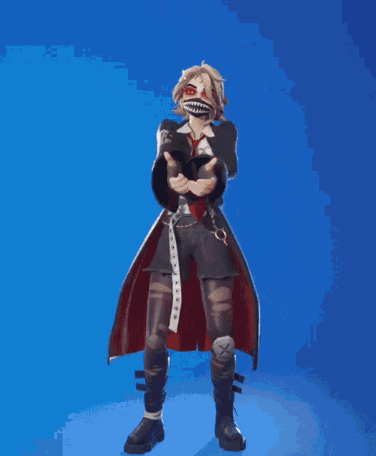 a person with a shark mask on their face is standing on a blue background