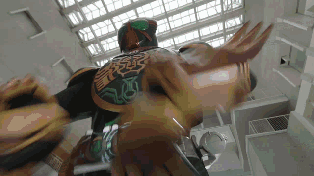 a person in a costume with a green and orange design on their back
