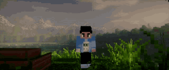 a man in a blue shirt with a skull on it stands in a field with mountains in the background