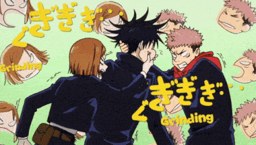 a group of anime characters are fighting with the words grinding in yellow letters