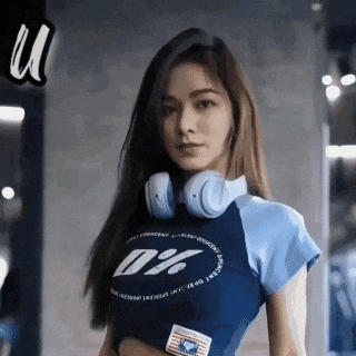 a woman wearing headphones and a shirt that says %