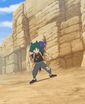a cartoon character is standing in front of a rocky cliff