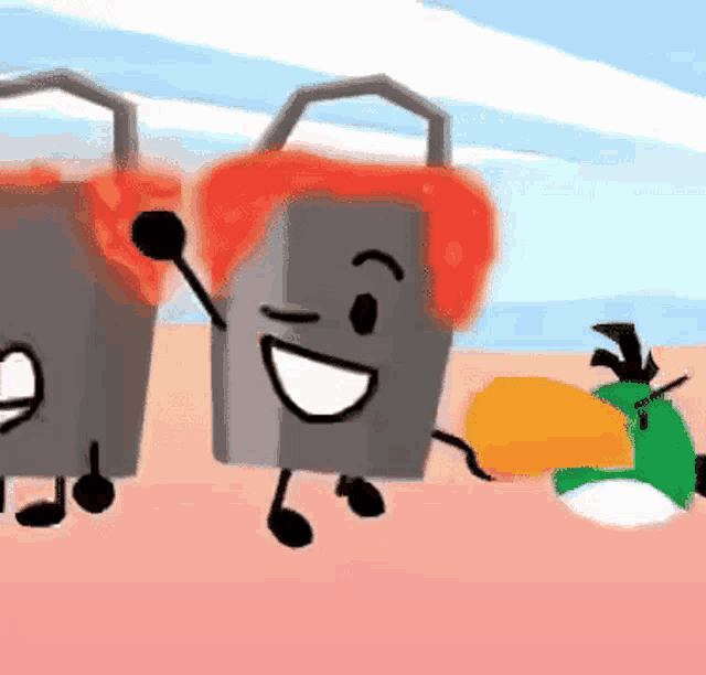 a couple of buckets with arms and legs are standing on a beach next to an angry bird .