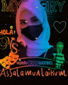 a woman wearing a mask is holding a microphone in front of a neon sign that says my ery