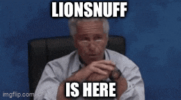 a man sitting in a chair with the words lionsnuff is here written on his face
