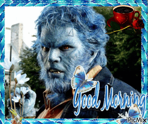 a picture of a man with blue hair and a beard says good morning