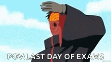 a cartoon of a man covering his face with his hand and the words pov last day of exams written below him .
