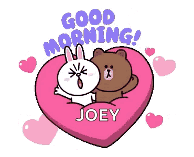 a brown bear and a white rabbit are laying on a heart shaped pillow with the name joey on it