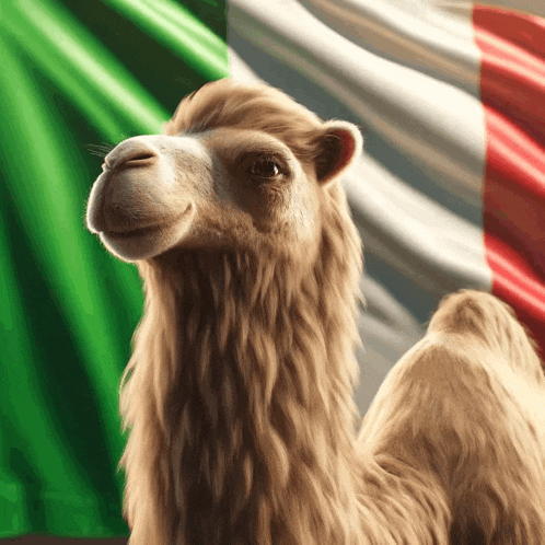 a camel is standing in front of a green and white flag