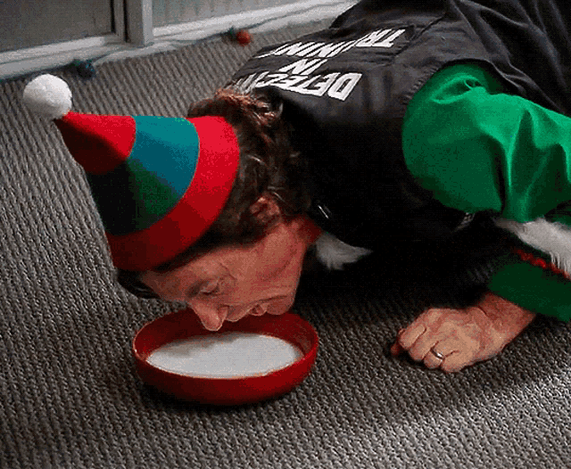 a man wearing a santa hat and a vest that says detect n mint