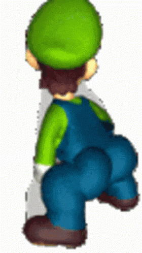 a cartoon character with a green hat and blue overalls has a big butt