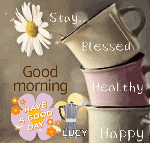 a stack of coffee cups with the words `` stay blessed '' and `` have a good day '' .