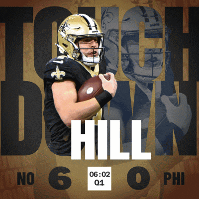 a picture of a football player holding a ball with the words touch down hill below him