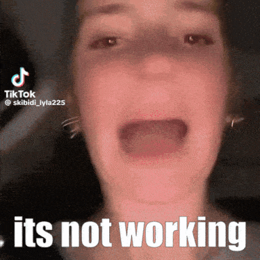 a close up of a woman 's face with the words " it 's not working " written below her