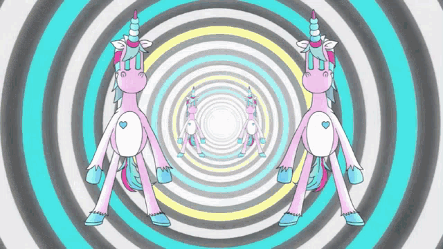 two unicorns are standing in front of a hypnotic background