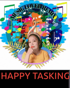 a happy tasking sign with a picture of a girl in the center