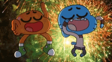 two cartoon characters are standing in front of a fireworks display