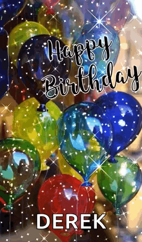 a bunch of colorful balloons with the words `` happy birthday derek '' written on them