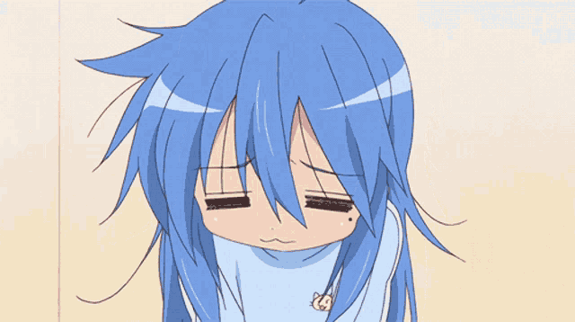a blue haired anime girl with a cat on her shirt