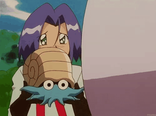 a cartoon character with purple hair and a blue octopus covering his face