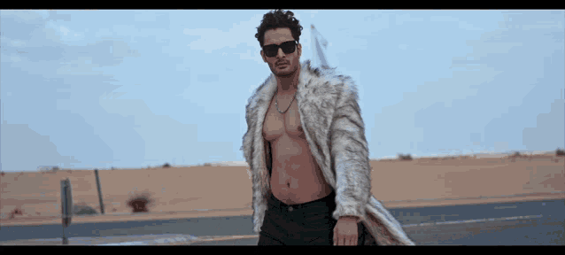 a shirtless man wearing sunglasses and a fur coat walks down a road