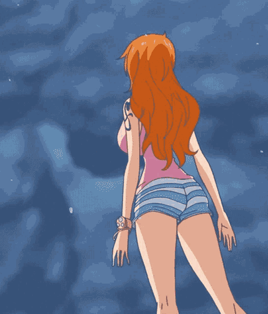 a cartoon drawing of a woman with orange hair and shorts