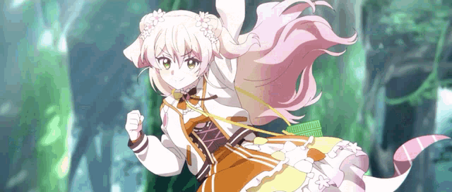 a girl with long pink hair and a flower crown on her head