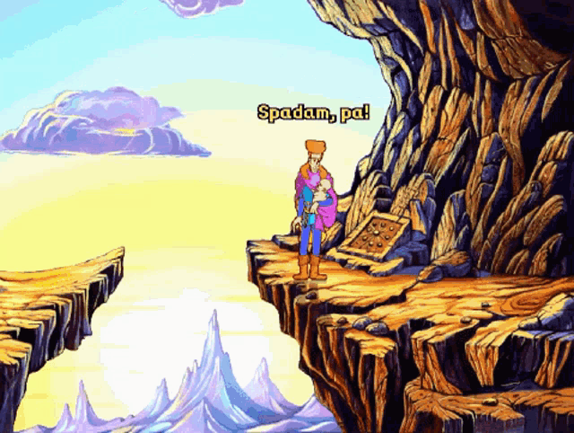 a cartoon of a man standing on a cliff with the words spadam , pa ! above him