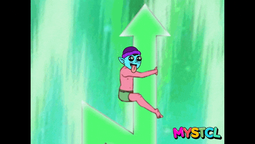 a cartoon character is holding a green arrow and the word mysticl is on the bottom right