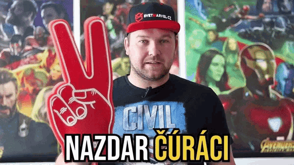 a man wearing a red hat and a blue shirt that says civil nazdar curaci