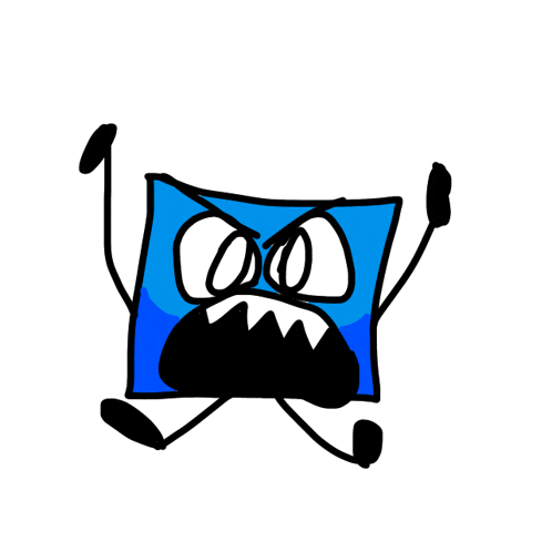 a cartoon drawing of a blue square with arms and legs and an angry face
