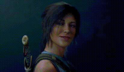 a pixelated image of a woman holding a sword in her back .