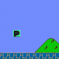 a green rocket with the letter p on it flies over a purple square