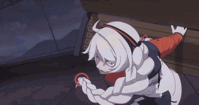 a cartoon character with white hair and blue eyes is crawling under a table