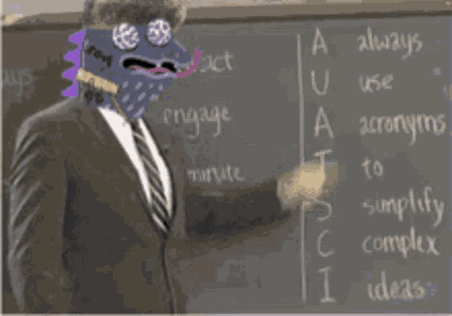 a man in a suit and tie stands in front of a blackboard that says always use acronyms
